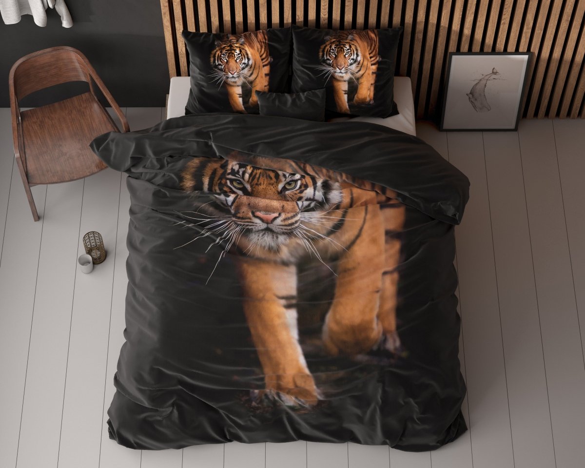 100% Microfibre Duvet Cover Set Tiger Icon | Black | Double - 200cm (W) x 220cm (L) - The Bedding & Blankets Store
