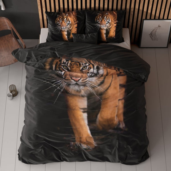100% Microfibre Duvet Cover Set Tiger Icon | Black | Double - 200cm (W) x 220cm (L) - The Bedding & Blankets Store