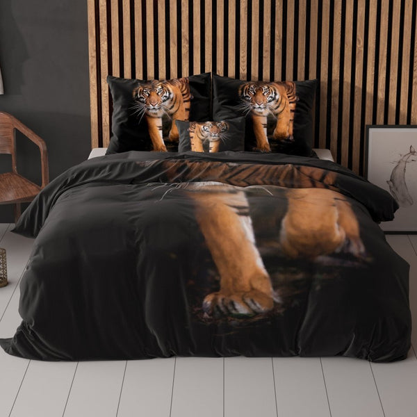 100% Microfibre Duvet Cover Set Tiger Icon | Black | Double - 200cm (W) x 220cm (L) - The Bedding & Blankets Store