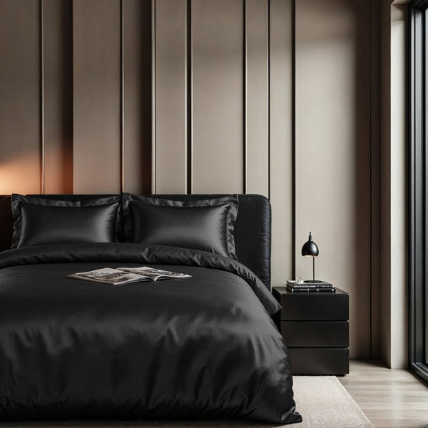 100% Micropercale Sateen Duvet Cover Set Glossy | Black | Single - 140cm (W) x 220cm (L) - The Bedding & Blankets Store