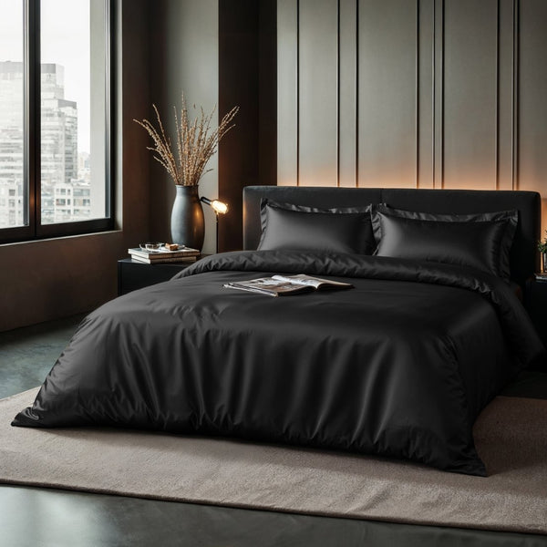 100% Micropercale Sateen Duvet Cover Set Glossy | Black | Single - 140cm (W) x 220cm (L) - The Bedding & Blankets Store