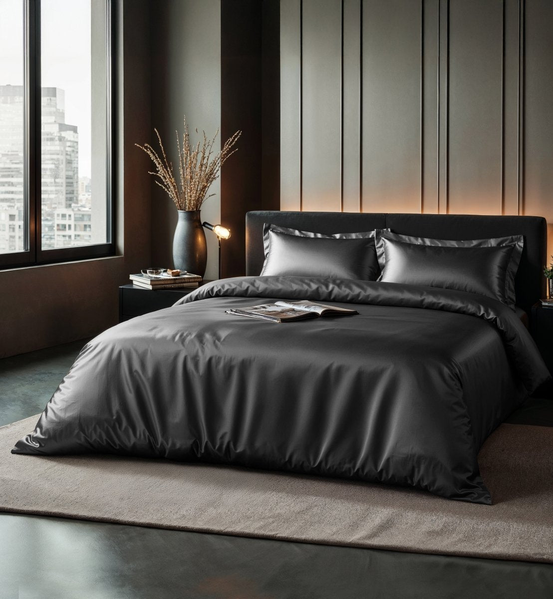 100% Micropercale Sateen Duvet Cover Set Glossy | Grey Anthracite | Single - 140cm (W) x 220cm (L) - The Bedding & Blankets Store