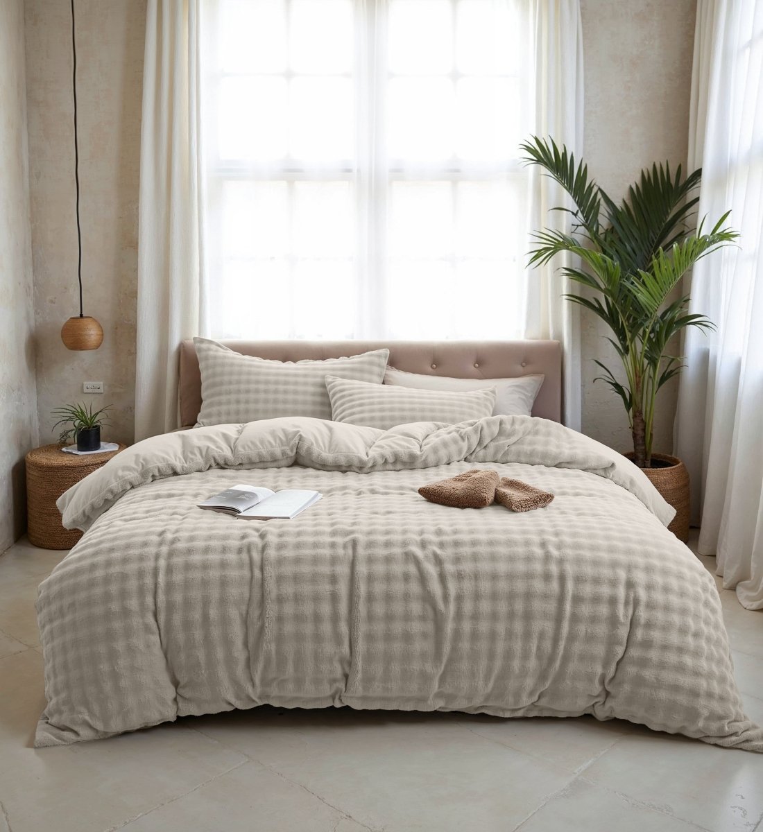 100% Polyester Flannel Pom Pom Duvet Cover Set Pom Pom | Beige | Single - 140cm (W) x 220cm (L) - The Bedding & Blankets Store