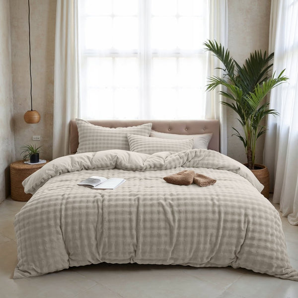 100% Polyester Flannel Pom Pom Duvet Cover Set Pom Pom | Beige | Single - 140cm (W) x 220cm (L) - The Bedding & Blankets Store