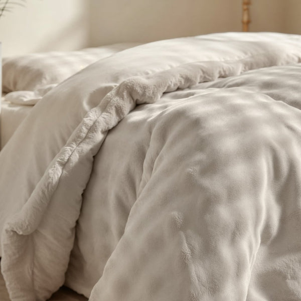 100% Polyester Flannel Pom Pom Duvet Cover Set Pom Pom | Beige | Single - 140cm (W) x 220cm (L) - The Bedding & Blankets Store