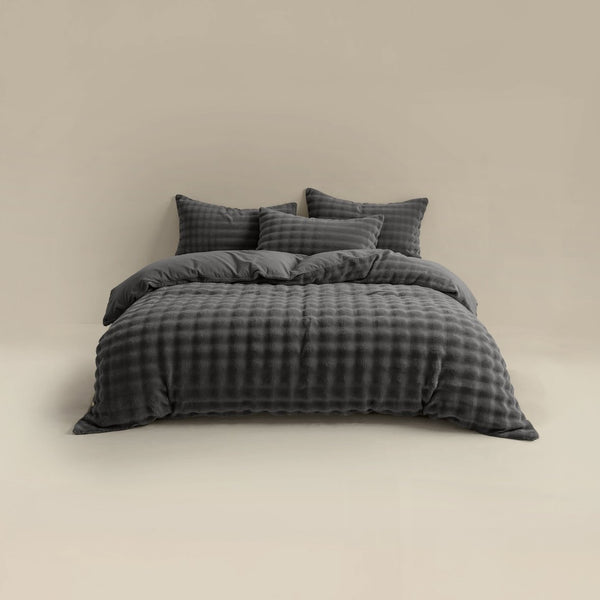 100% Polyester Flannel Pom Pom Duvet Cover Set Pom Pom | Grey Anthracite | Single - 140cm (W) x 220cm (L) - The Bedding & Blankets Store