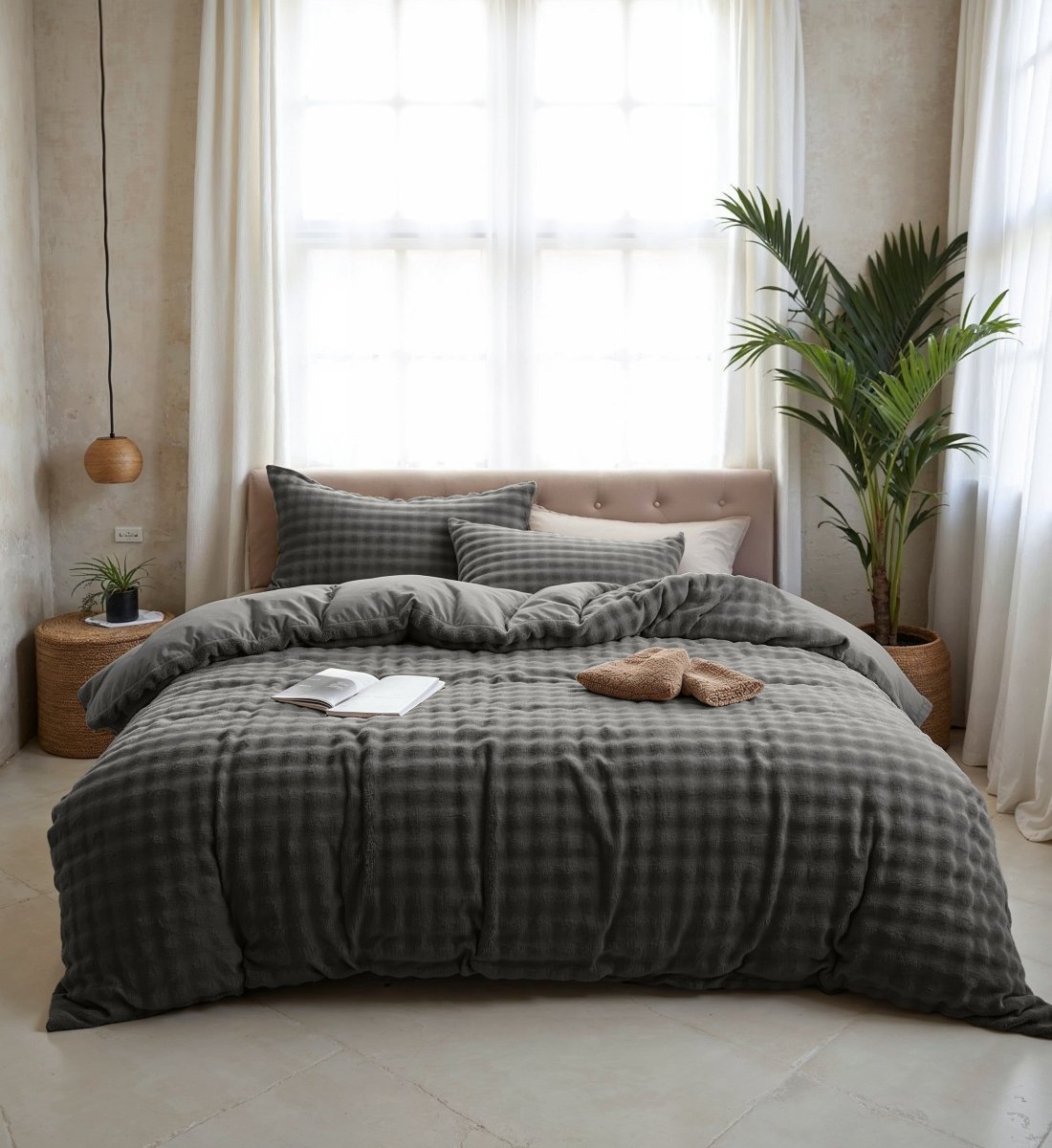 100% Polyester Flannel Pom Pom Duvet Cover Set Pom Pom | Grey Anthracite | Single - 140cm (W) x 220cm (L) - The Bedding & Blankets Store