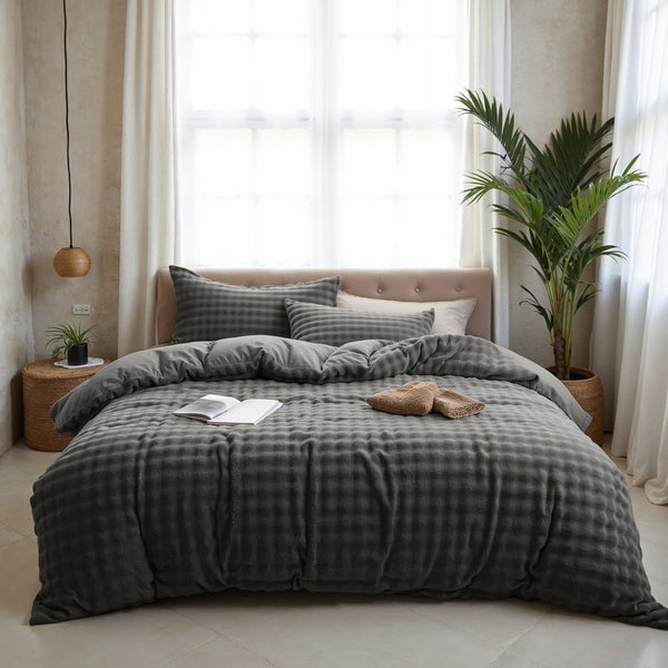 100% Polyester Flannel Pom Pom Duvet Cover Set Pom Pom | Grey Anthracite | Single - 140cm (W) x 220cm (L) - The Bedding & Blankets Store