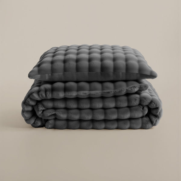 100% Polyester Flannel Pom Pom Duvet Cover Set Pom Pom | Grey Anthracite | Single - 140cm (W) x 220cm (L) - The Bedding & Blankets Store