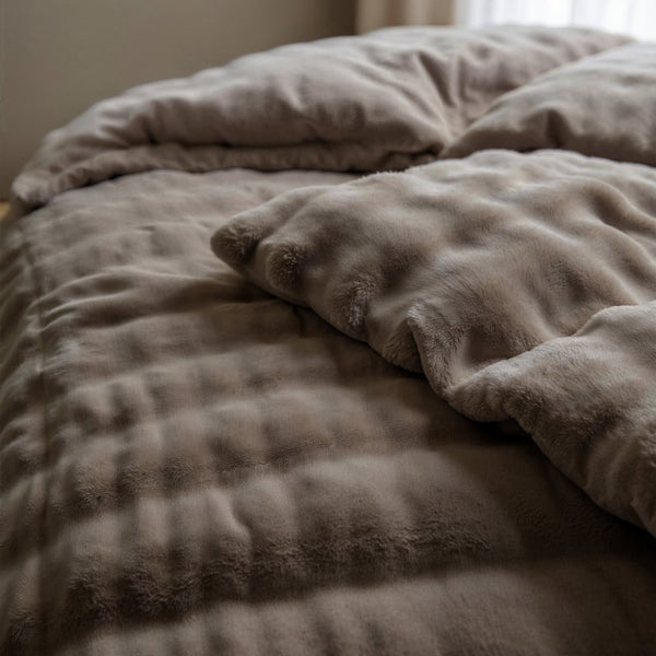 100% Polyester Flannel Pom Pom Duvet Cover Set Pom Pom | Taupe | Single - 140cm (W) x 220cm (L) - The Bedding & Blankets Store