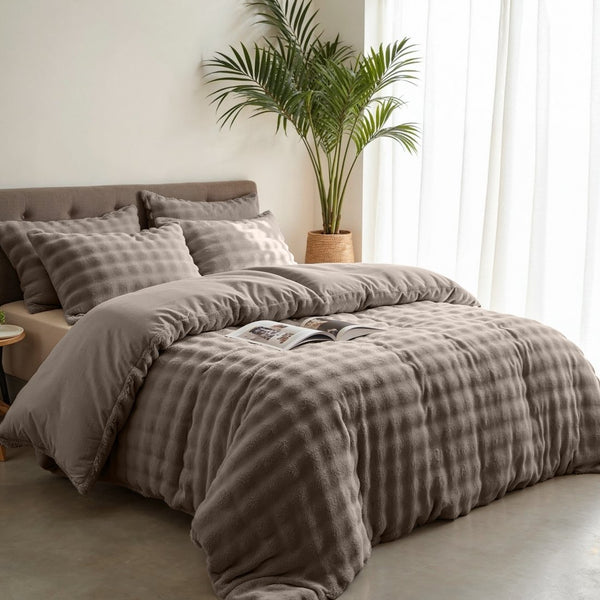 100% Polyester Flannel Pom Pom Duvet Cover Set Pom Pom | Taupe | Single - 140cm (W) x 220cm (L) - The Bedding & Blankets Store