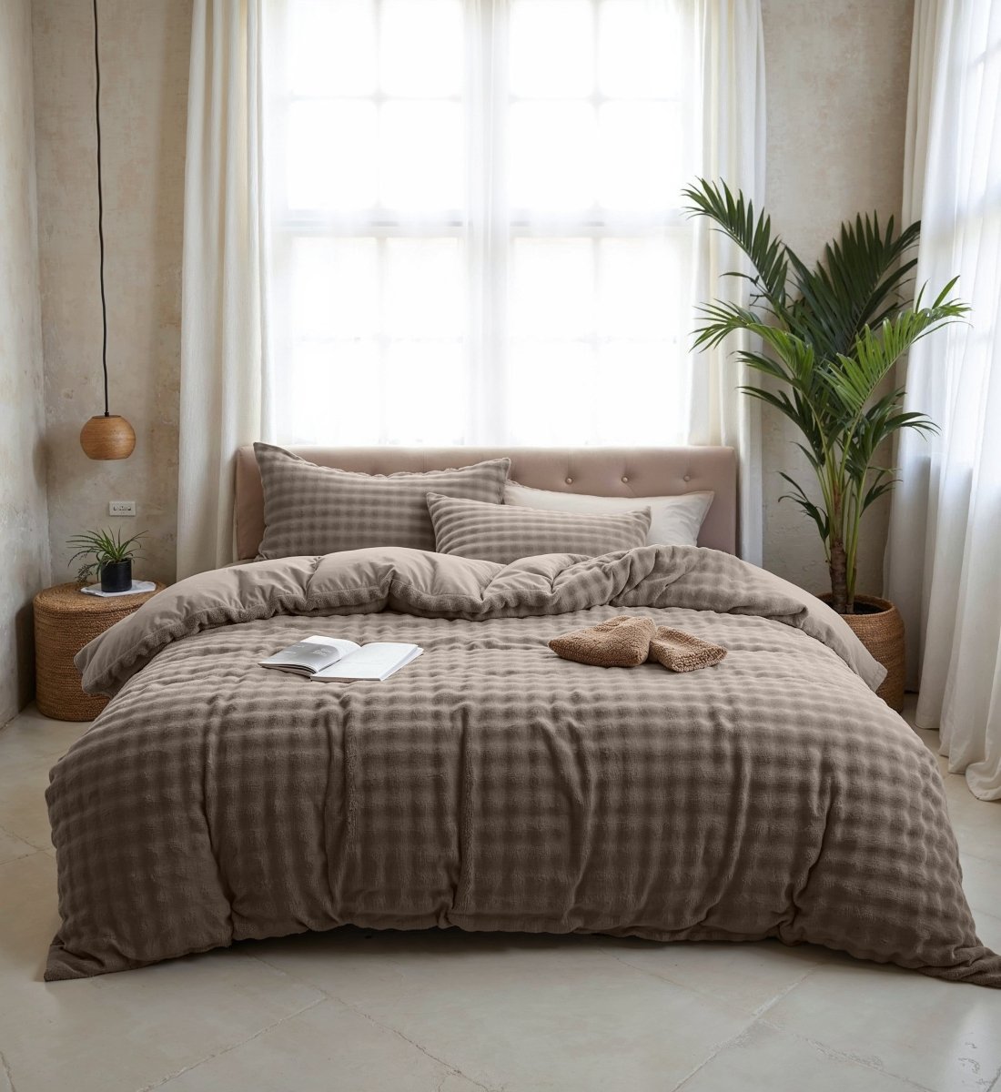 100% Polyester Flannel Pom Pom Duvet Cover Set Pom Pom | Taupe | Single - 140cm (W) x 220cm (L) - The Bedding & Blankets Store