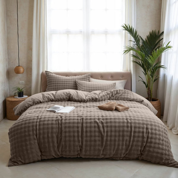100% Polyester Flannel Pom Pom Duvet Cover Set Pom Pom | Taupe | Single - 140cm (W) x 220cm (L) - The Bedding & Blankets Store