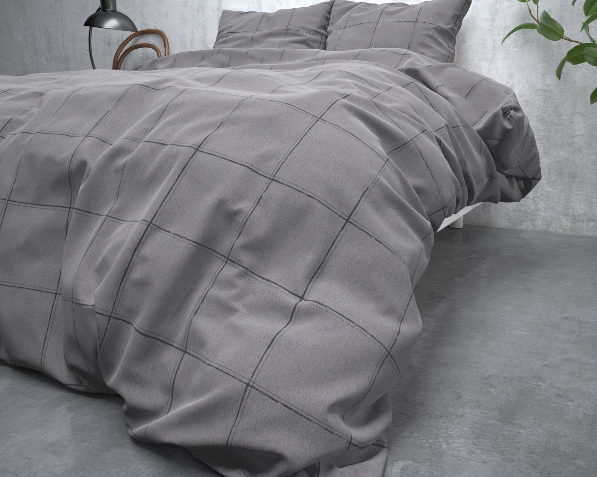 Brushed Cotton - Rich Flannel Duvet Cover Set Deep Check | Grey | Single - 140cm (W) x 220cm (L) - The Bedding & Blankets Store
