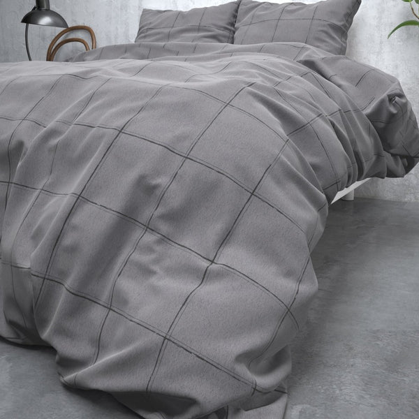 Brushed Cotton - Rich Flannel Duvet Cover Set Deep Check | Grey | Single - 140cm (W) x 220cm (L) - The Bedding & Blankets Store