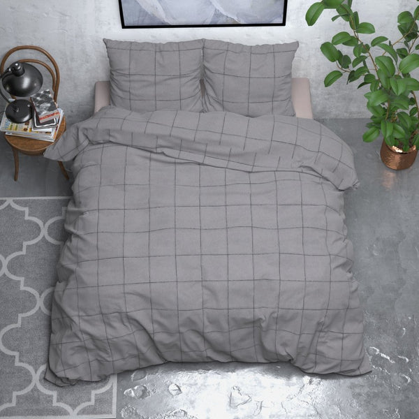 Brushed Cotton - Rich Flannel Duvet Cover Set Deep Check | Grey | Single - 140cm (W) x 220cm (L) - The Bedding & Blankets Store
