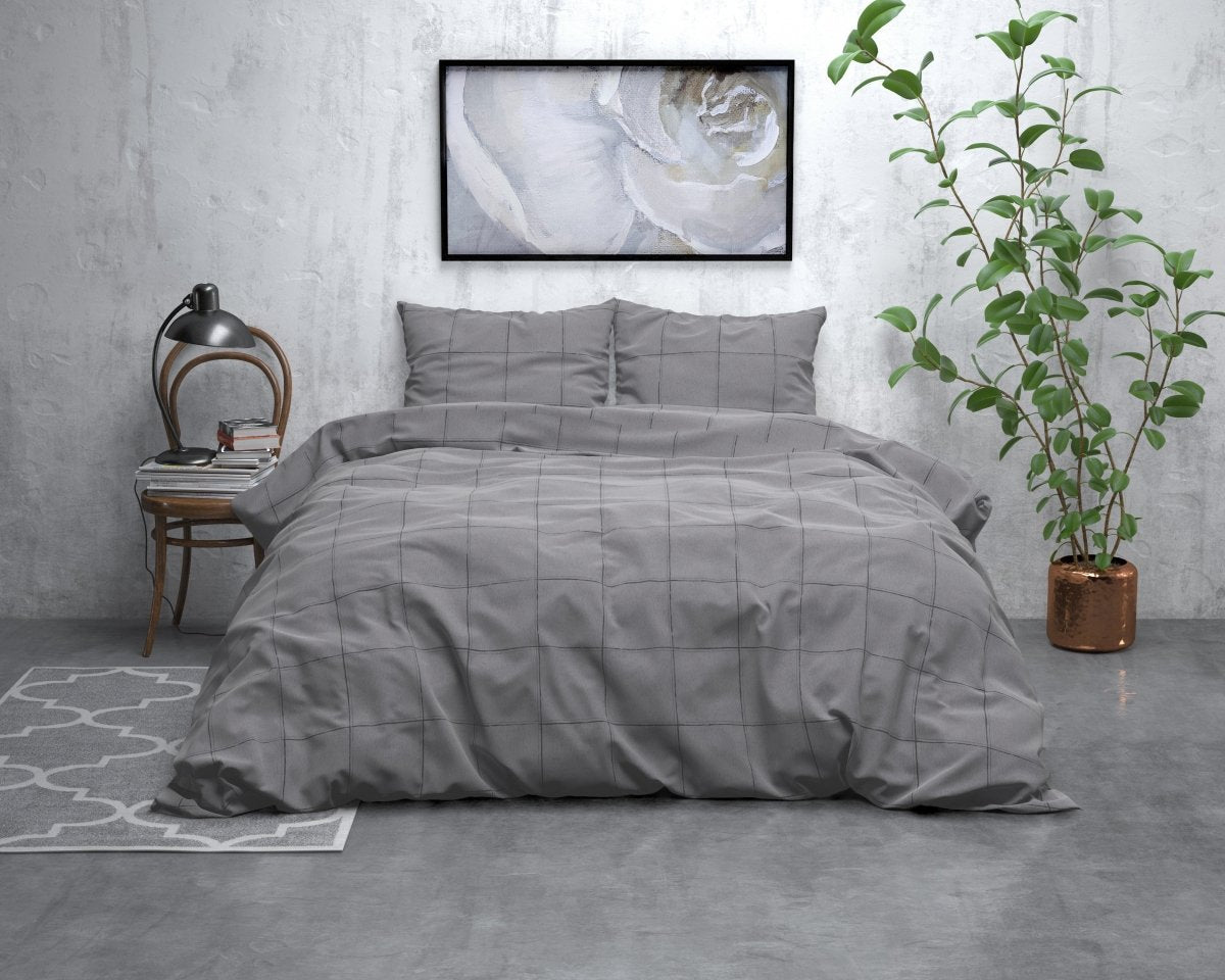 Brushed Cotton - Rich Flannel Duvet Cover Set Deep Check | Grey | Single - 140cm (W) x 220cm (L) - The Bedding & Blankets Store