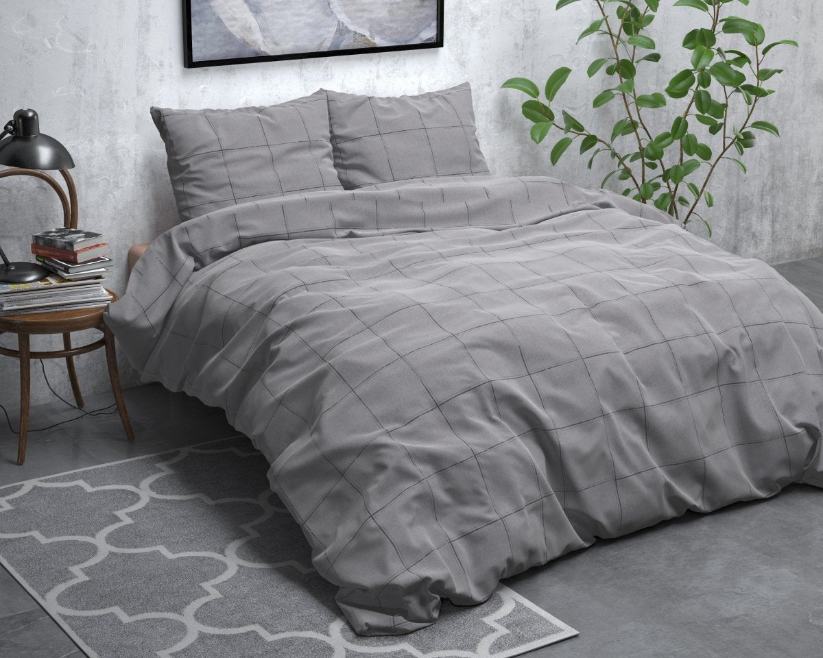 Brushed Cotton - Rich Flannel Duvet Cover Set Deep Check | Grey | Single - 140cm (W) x 220cm (L) - The Bedding & Blankets Store