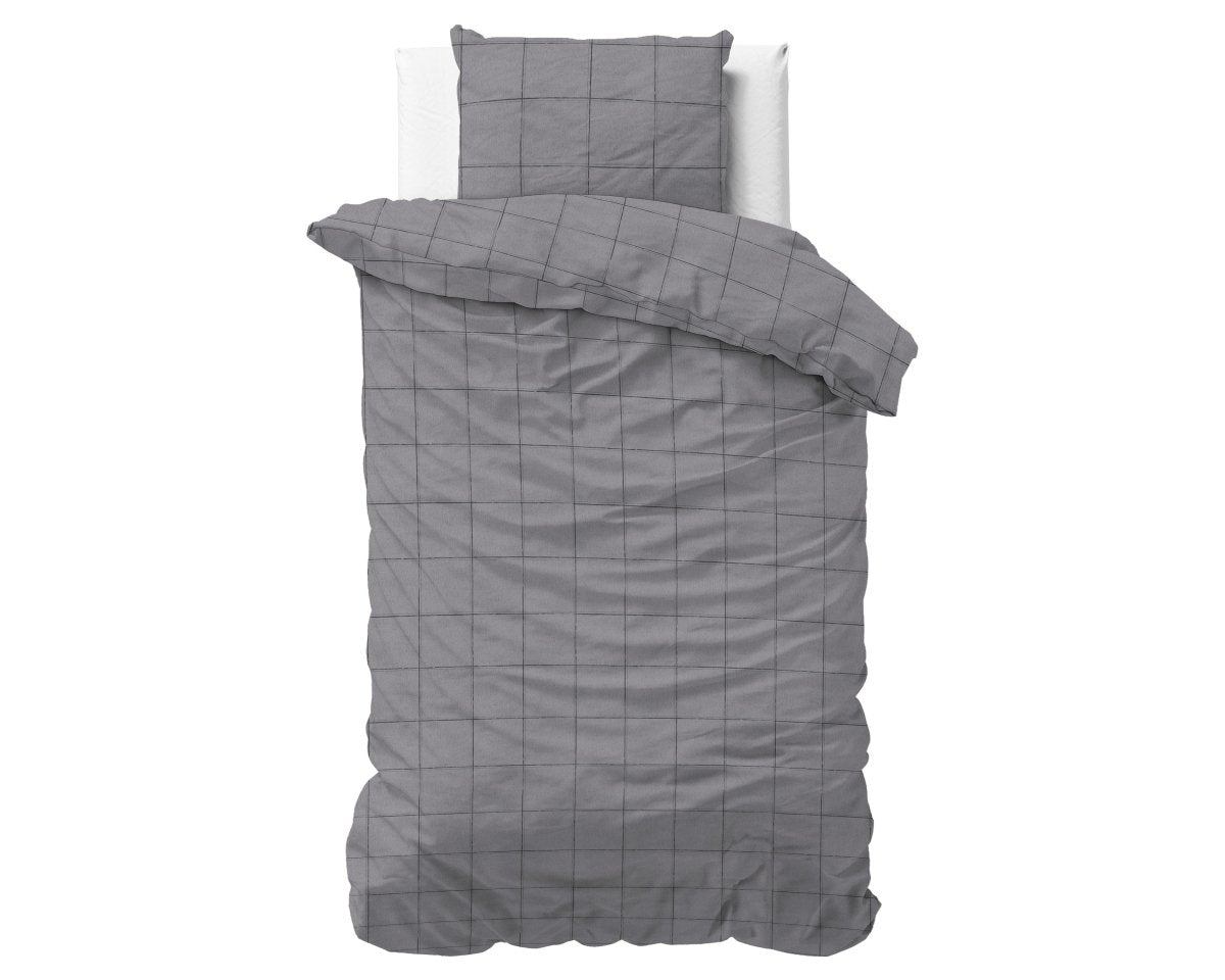 Brushed Cotton - Rich Flannel Duvet Cover Set Deep Check | Grey | Single - 140cm (W) x 220cm (L) - The Bedding & Blankets Store