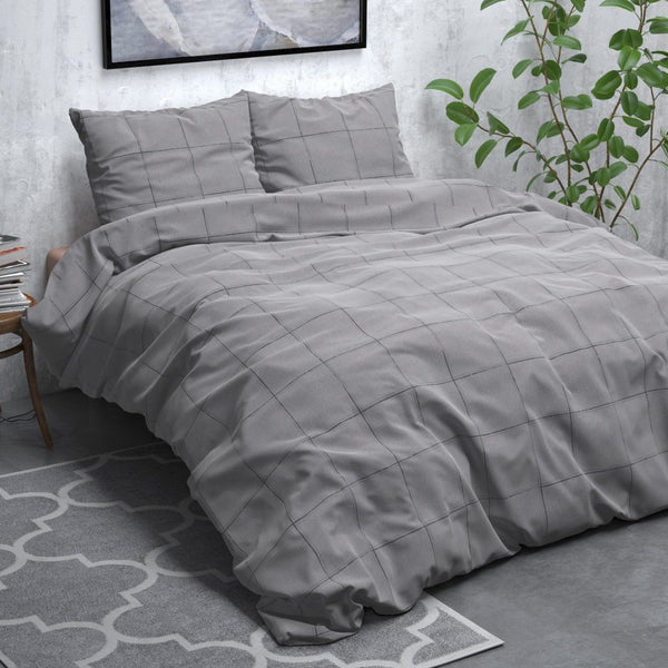 Brushed Cotton - Rich Flannel Duvet Cover Set Deep Check | Grey | Single - 140cm (W) x 220cm (L) - The Bedding & Blankets Store