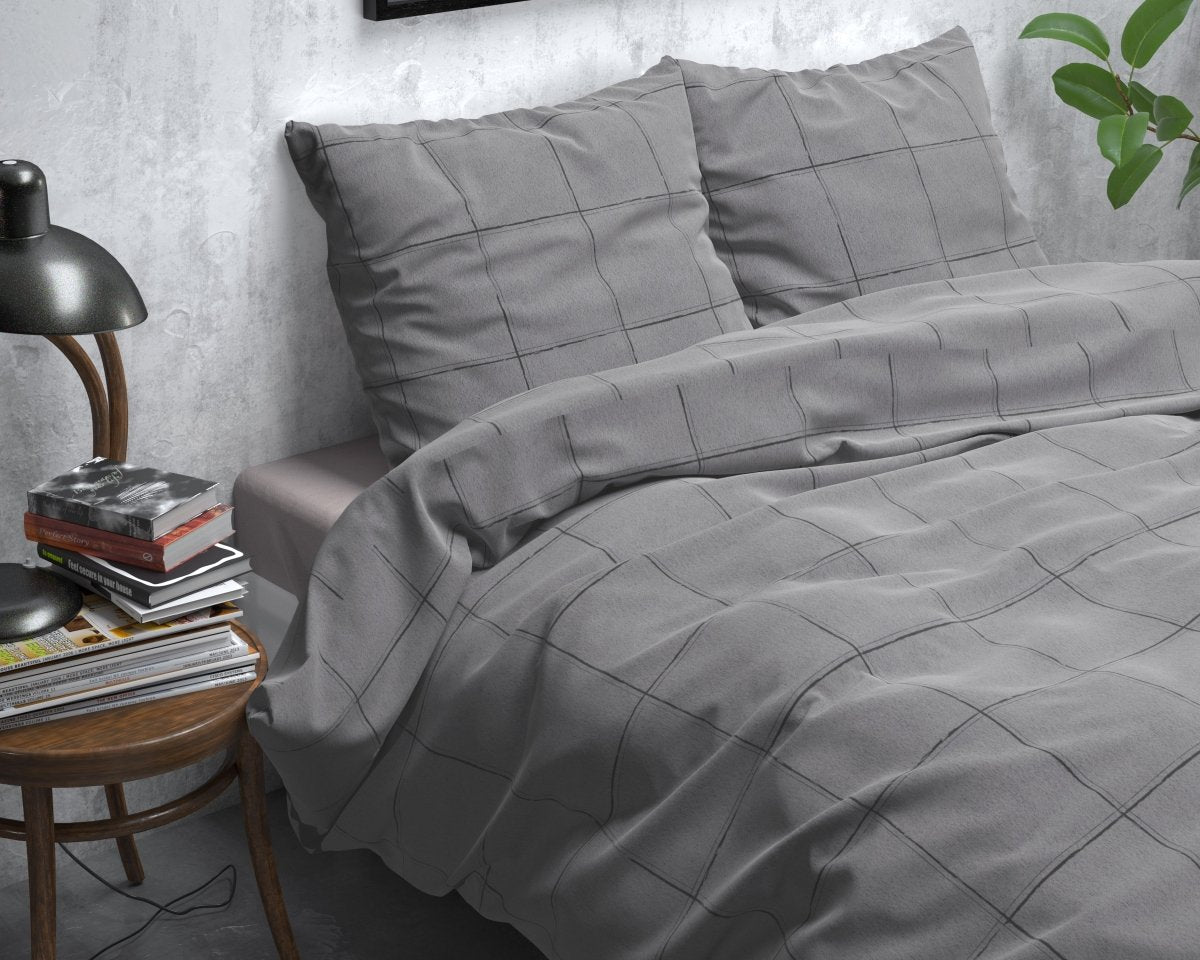 Brushed Cotton - Rich Flannel Duvet Cover Set Deep Check | Grey | Single - 140cm (W) x 220cm (L) - The Bedding & Blankets Store