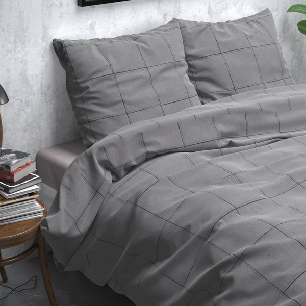 Brushed Cotton - Rich Flannel Duvet Cover Set Deep Check | Grey | Single - 140cm (W) x 220cm (L) - The Bedding & Blankets Store