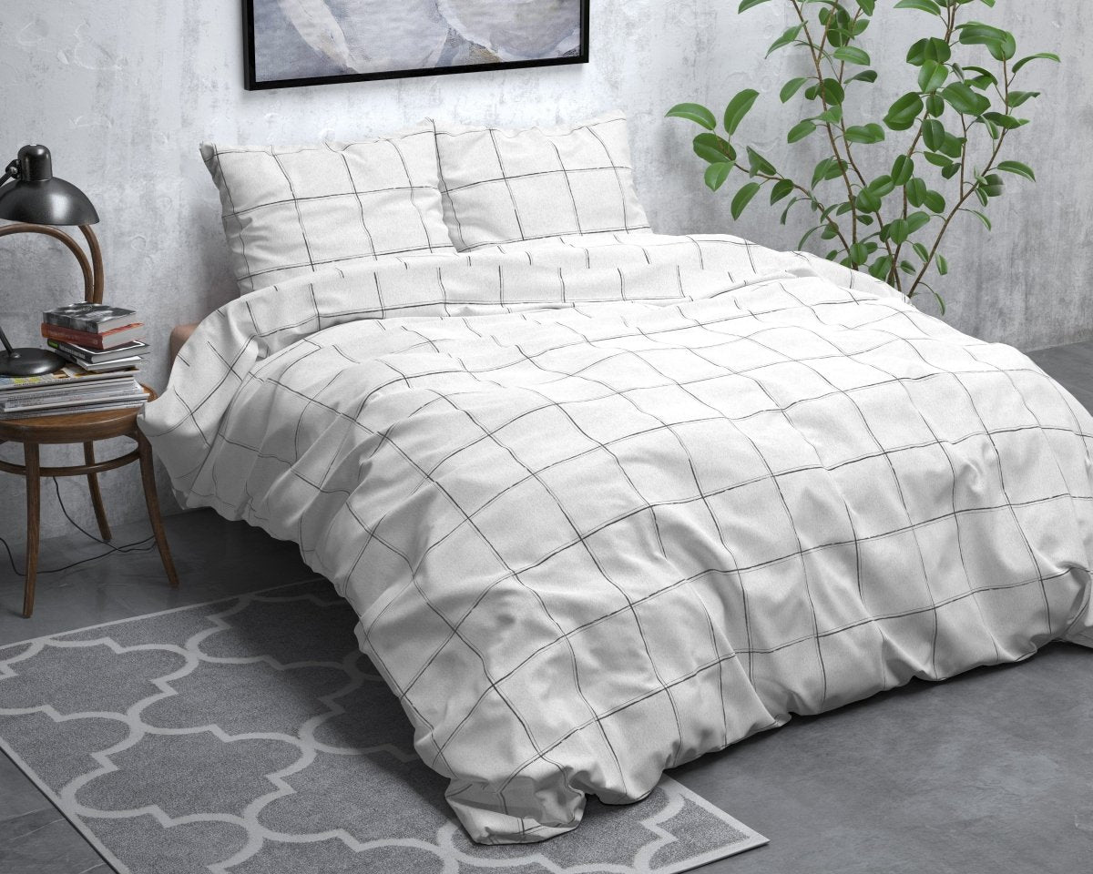 Brushed Cotton - Rich Flannel Duvet Cover Set Deep Check | White | Single - 140cm (W) x 220cm (L) - The Bedding & Blankets Store