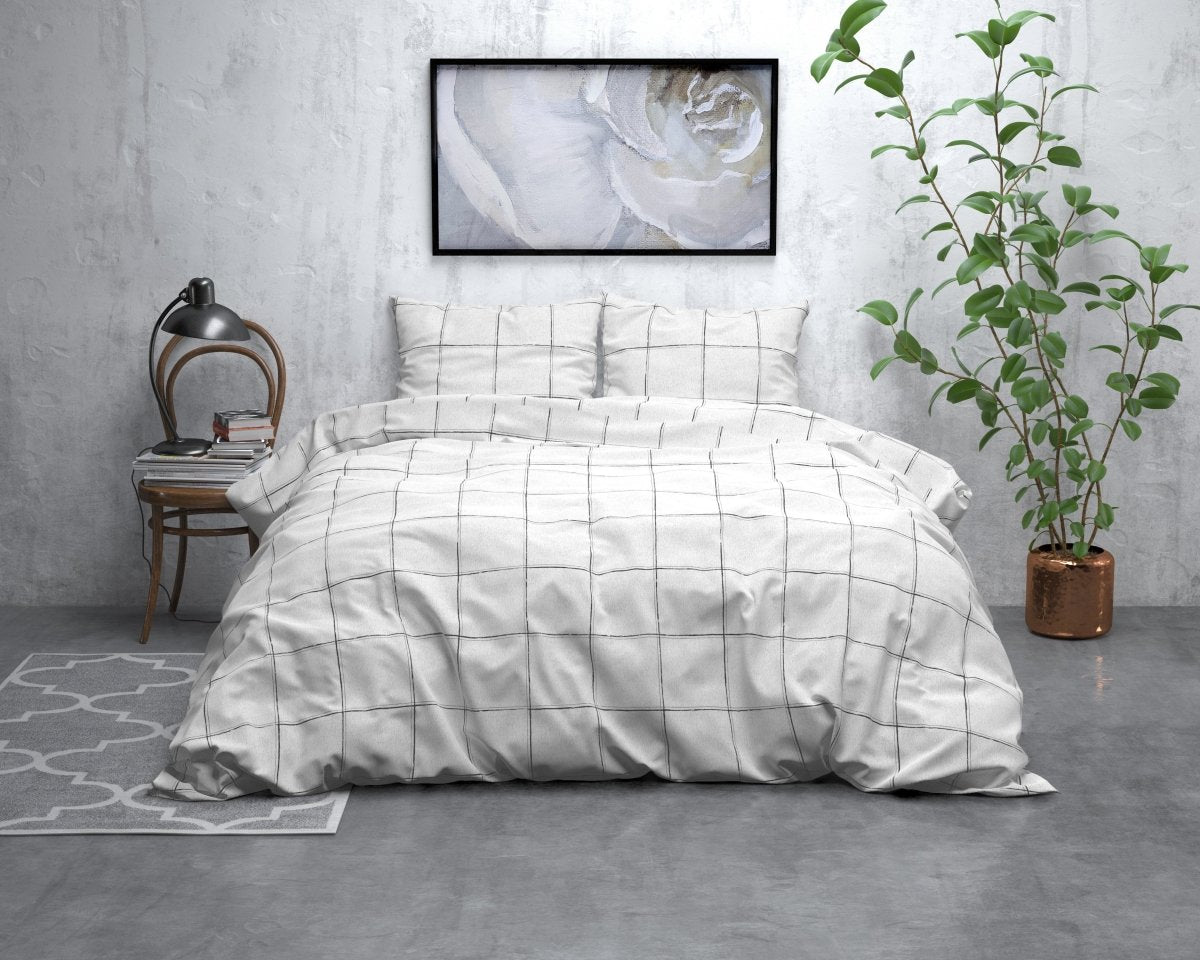 Brushed Cotton - Rich Flannel Duvet Cover Set Deep Check | White | Single - 140cm (W) x 220cm (L) - The Bedding & Blankets Store