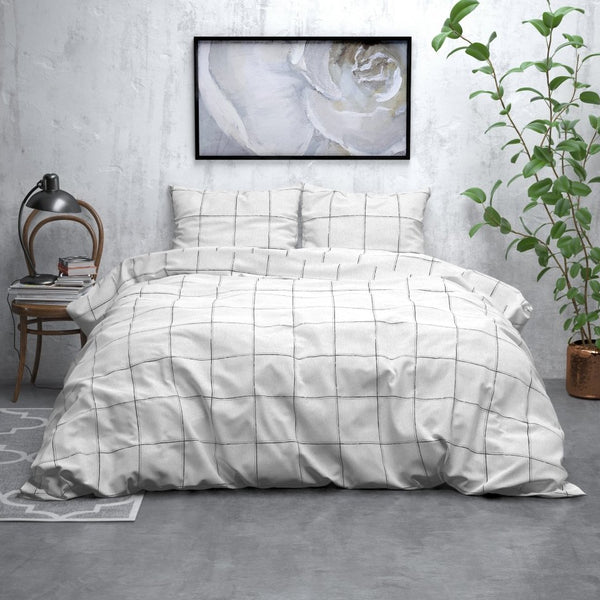 Brushed Cotton - Rich Flannel Duvet Cover Set Deep Check | White | Single - 140cm (W) x 220cm (L) - The Bedding & Blankets Store