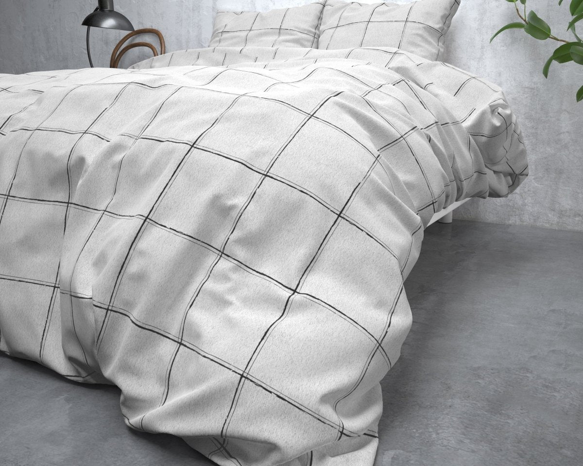Brushed Cotton - Rich Flannel Duvet Cover Set Deep Check | White | Single - 140cm (W) x 220cm (L) - The Bedding & Blankets Store