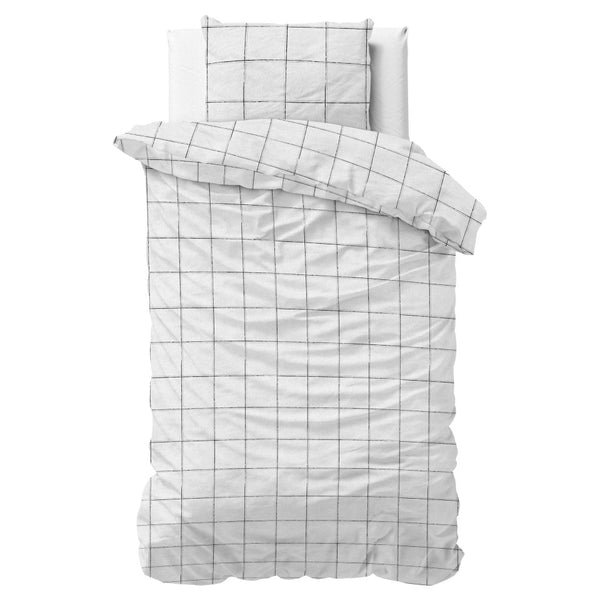 Brushed Cotton - Rich Flannel Duvet Cover Set Deep Check | White | Single - 140cm (W) x 220cm (L) - The Bedding & Blankets Store