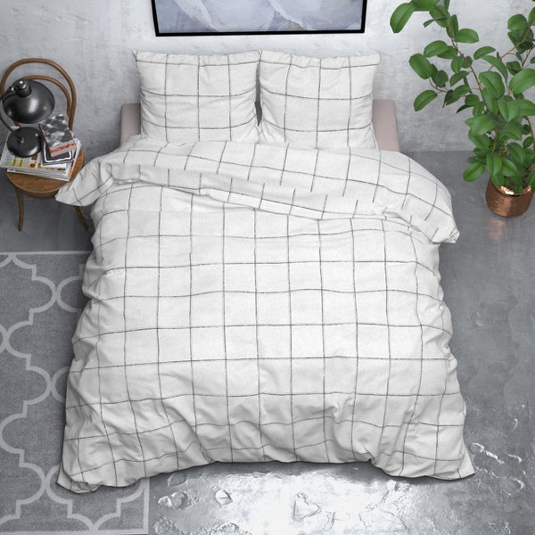 Brushed Cotton - Rich Flannel Duvet Cover Set Deep Check | White | Single - 140cm (W) x 220cm (L) - The Bedding & Blankets Store