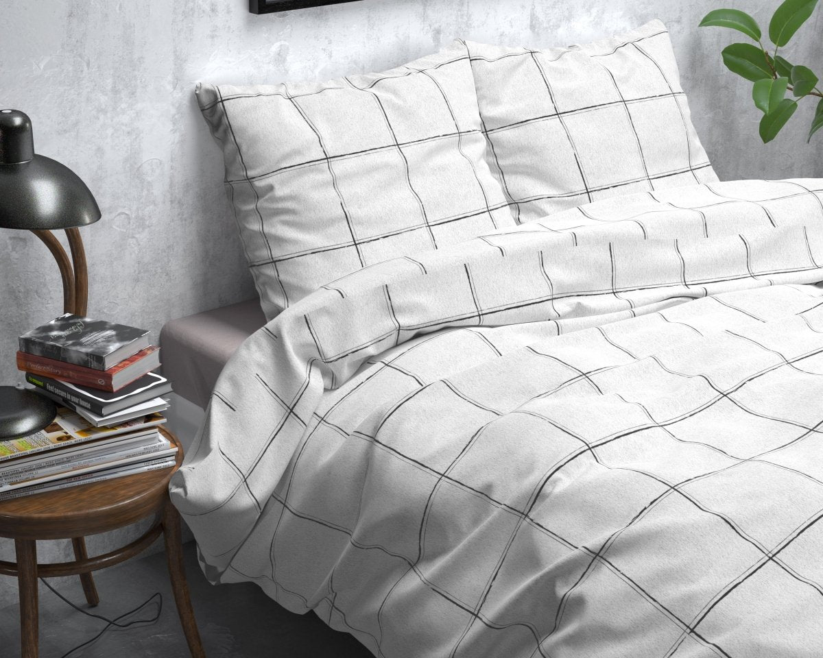 Brushed Cotton - Rich Flannel Duvet Cover Set Deep Check | White | Single - 140cm (W) x 220cm (L) - The Bedding & Blankets Store