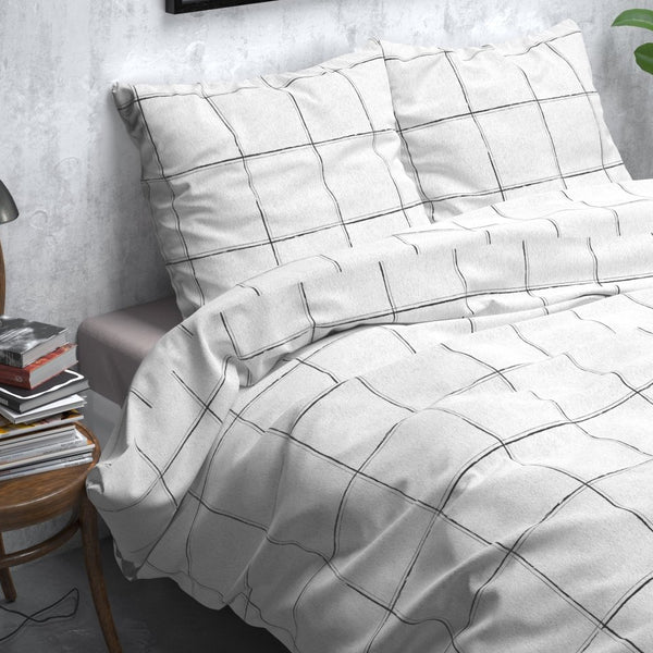 Brushed Cotton - Rich Flannel Duvet Cover Set Deep Check | White | Single - 140cm (W) x 220cm (L) - The Bedding & Blankets Store