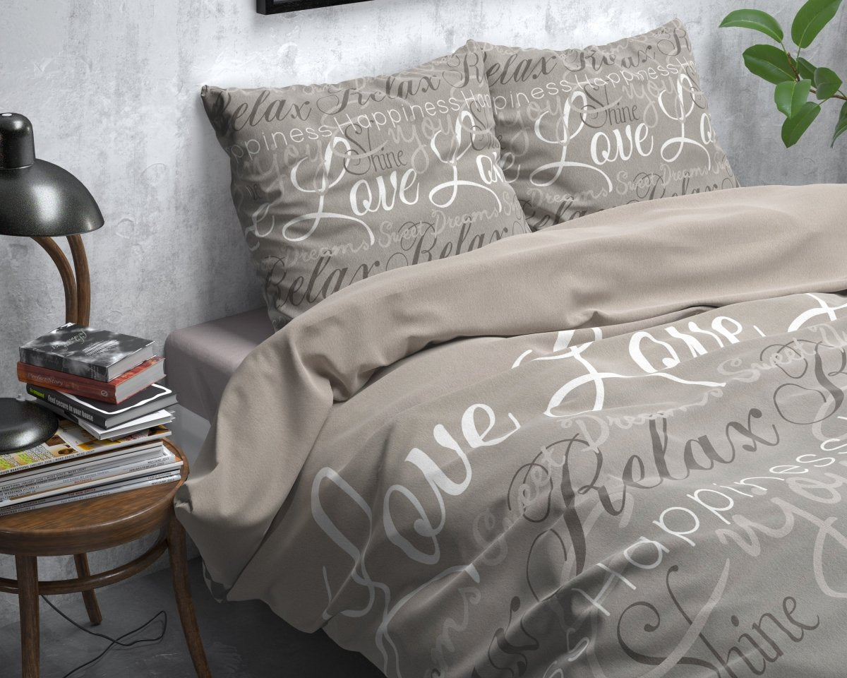 Brushed Cotton - Rich Flannel Duvet Cover Set Love and Relax | Taupe | Double - 200cm (W) x 220cm (L) - The Bedding & Blankets Store