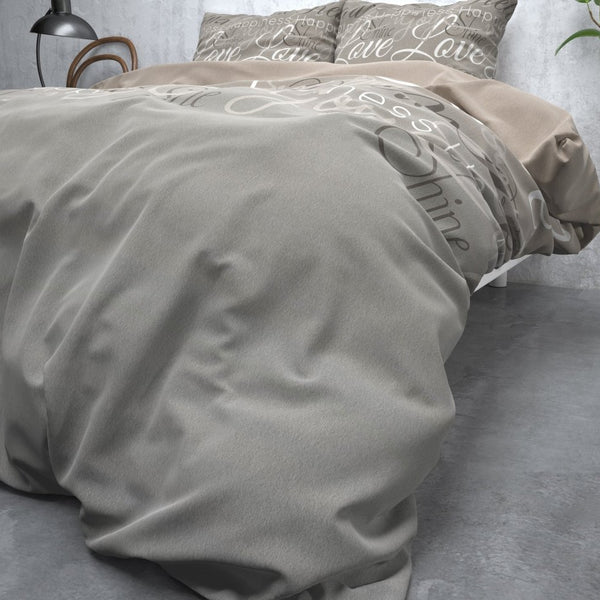 Brushed Cotton - Rich Flannel Duvet Cover Set Love and Relax | Taupe | Double - 200cm (W) x 220cm (L) - The Bedding & Blankets Store