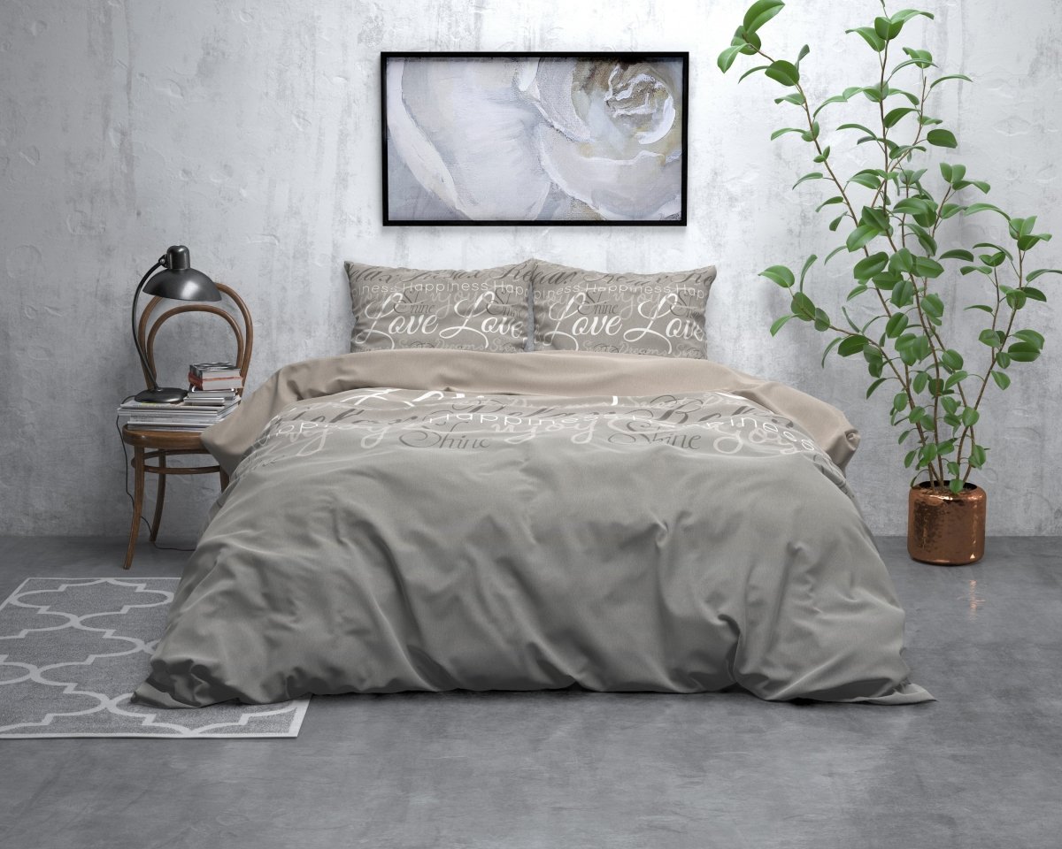 Brushed Cotton - Rich Flannel Duvet Cover Set Love and Relax | Taupe | Double - 200cm (W) x 220cm (L) - The Bedding & Blankets Store