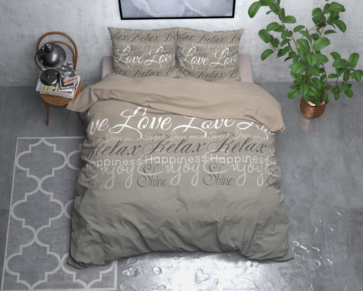 Brushed Cotton - Rich Flannel Duvet Cover Set Love and Relax | Taupe | Double - 200cm (W) x 220cm (L) - The Bedding & Blankets Store