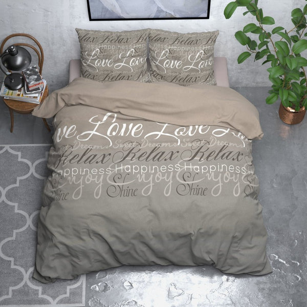 Brushed Cotton - Rich Flannel Duvet Cover Set Love and Relax | Taupe | Double - 200cm (W) x 220cm (L) - The Bedding & Blankets Store