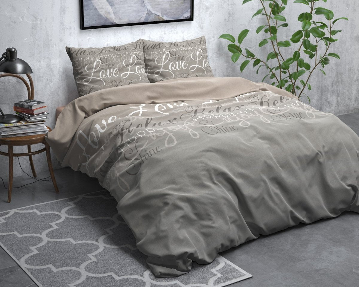 Brushed Cotton - Rich Flannel Duvet Cover Set Love and Relax | Taupe | Double - 200cm (W) x 220cm (L) - The Bedding & Blankets Store