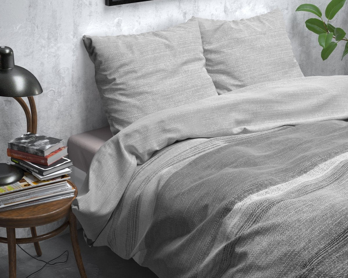 Brushed Cotton - Rich Flannel Duvet Cover Set Stone Stripe | Grey | Single - 140cm (W) x 220cm (L) - The Bedding & Blankets Store