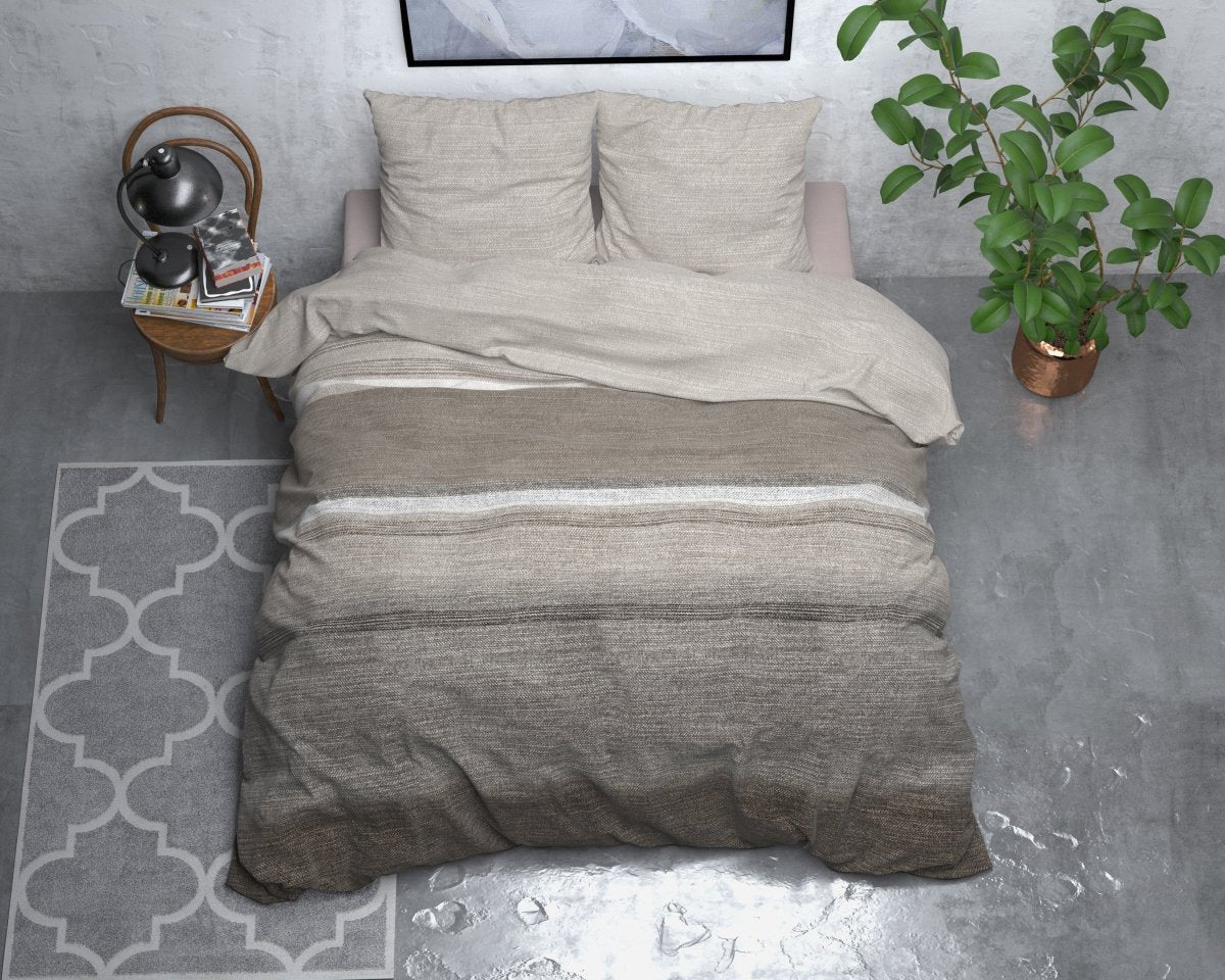 Brushed Cotton - Rich Flannel Duvet Cover Set Stone Stripe | Taupe | Double - 200cm (W) x 220cm (L) - The Bedding & Blankets Store