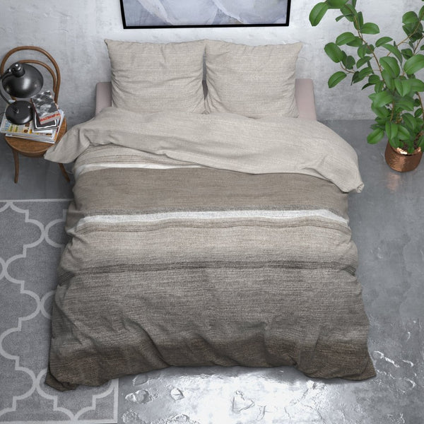 Brushed Cotton - Rich Flannel Duvet Cover Set Stone Stripe | Taupe | Double - 200cm (W) x 220cm (L) - The Bedding & Blankets Store