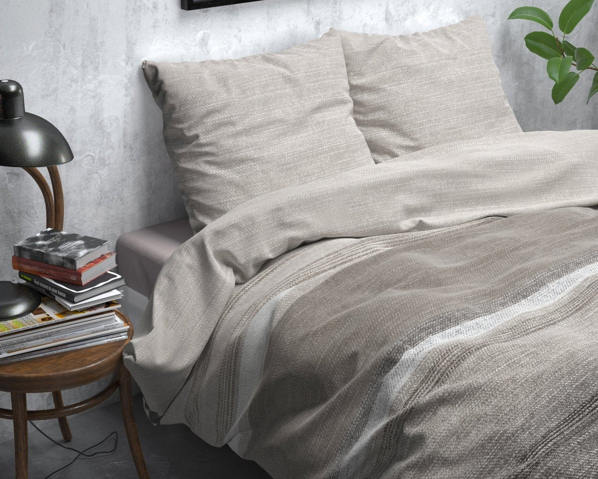 Brushed Cotton - Rich Flannel Duvet Cover Set Stone Stripe | Taupe | Double - 200cm (W) x 220cm (L) - The Bedding & Blankets Store