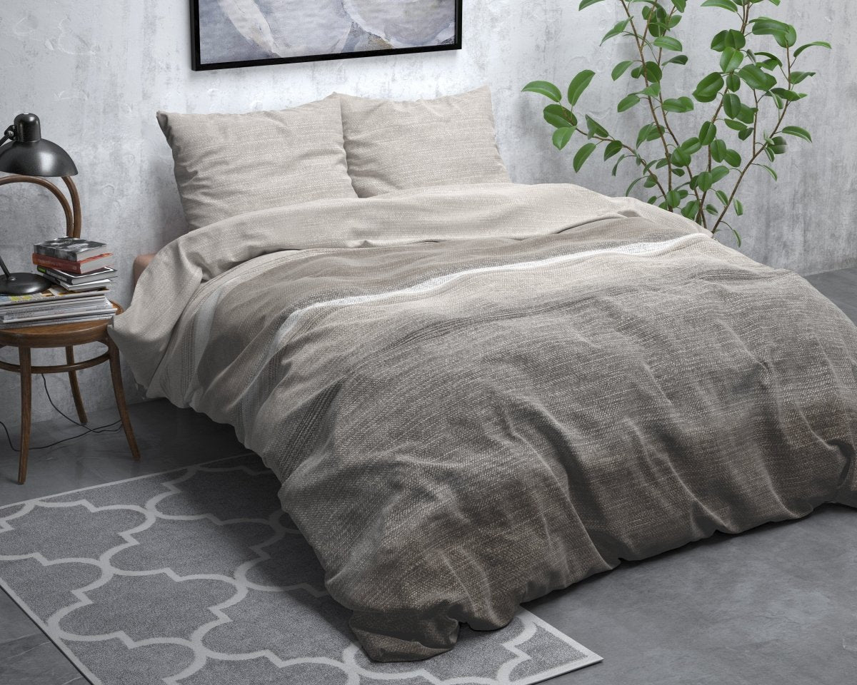 Brushed Cotton - Rich Flannel Duvet Cover Set Stone Stripe | Taupe | Double - 200cm (W) x 220cm (L) - The Bedding & Blankets Store
