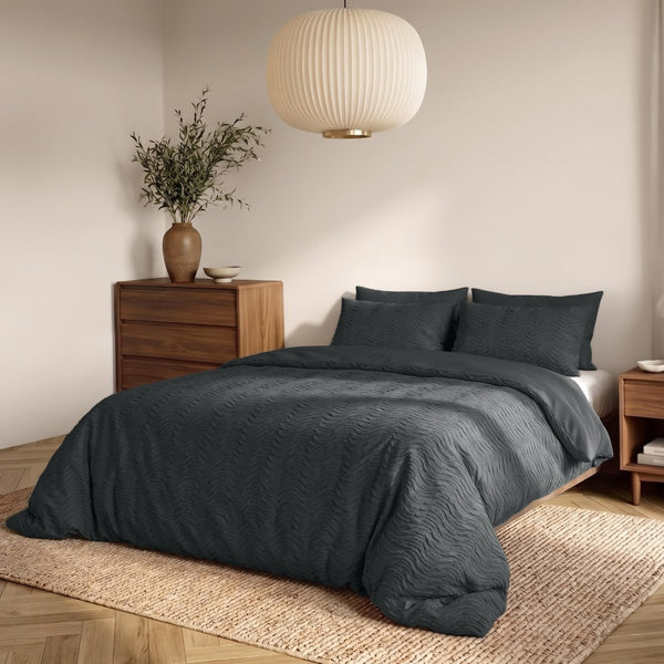 Embossed Microfibre Duvet Cover Set Curve 3D | Anthracite | Single - 140cm (W) x 220cm (L) - The Bedding & Blankets Store