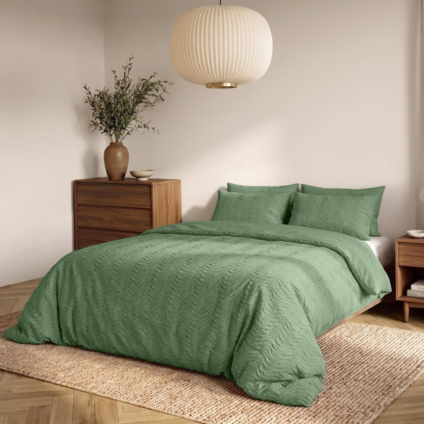 Embossed Microfibre Duvet Cover Set Curve 3D | Green | Single - 140cm (W) x 220cm (L) - The Bedding & Blankets Store