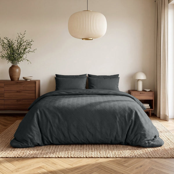 Embossed Microfibre Duvet Cover Set Modern Geo 3D | Anthracite | Single - 140cm (W) x 220cm (L) - The Bedding & Blankets Store