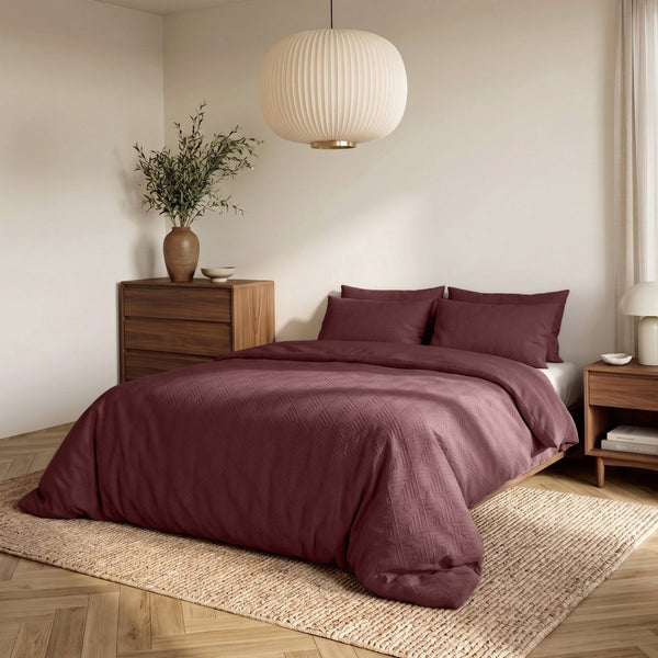 Embossed Microfibre Duvet Cover Set Modern Geo 3D | Burgundy | Single - 140cm (W) x 220cm (L) - The Bedding & Blankets Store