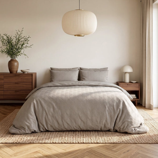 Embossed Microfibre Duvet Cover Set Modern Geo 3D | Taupe/Grey | Single - 140cm (W) x 220cm (L) - The Bedding & Blankets Store